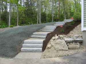Brick Walkway, Granite Steps, New Lawn and Natural Retaining Wall in Raymond, NH